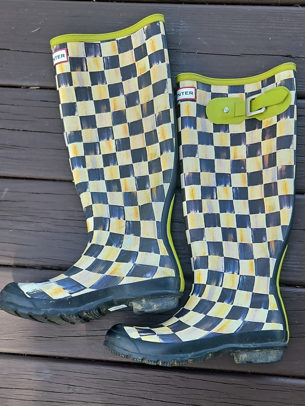 MacKenzie-Childs × Hunter Courtly Check Boots. Size 8